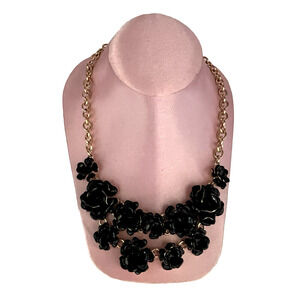 Vintage Talbot's Black Enamel Flower Gold Tone Statement Necklace 20" NWT